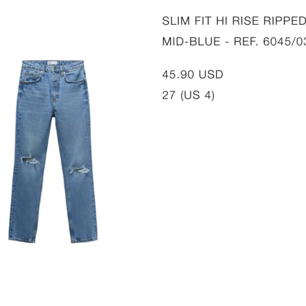 ZARA SLIM FIT HI RISE RIPPED JEANS MID-BLUE - REF. 6045/035